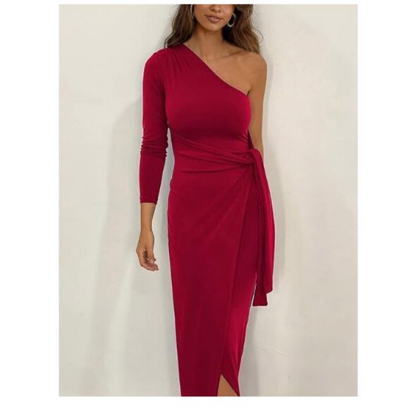 Elegant Long Sleeve One Shoulder Dress Bodycon Ruched Tie Waist Wrap Size M - Picture 1 of 11